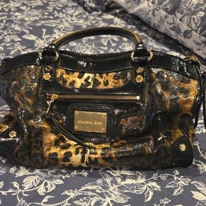 Gianni Bini Black & Gold Leopard Patent Satchel